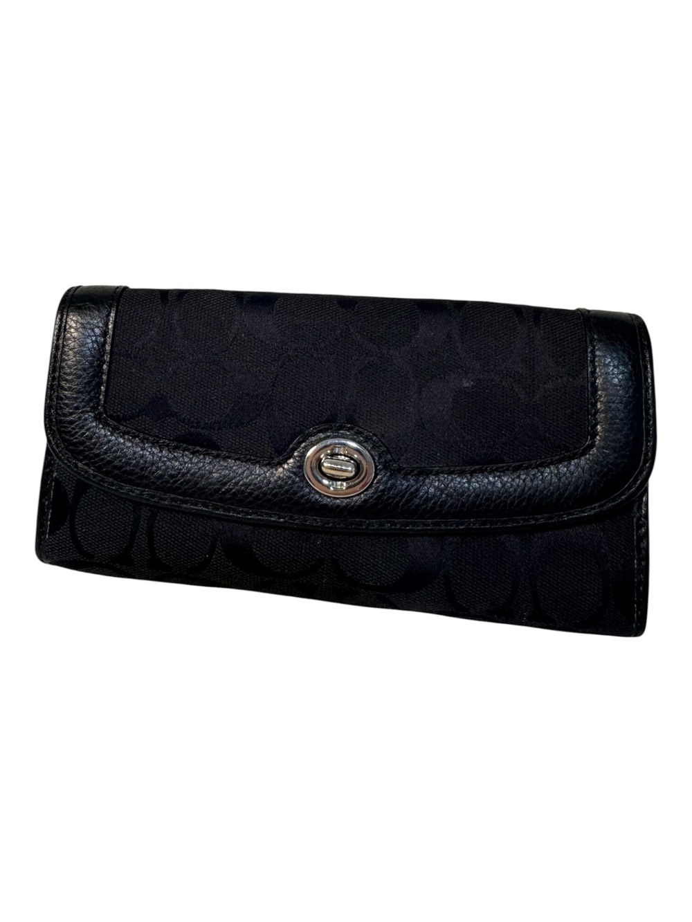 COACH Black Signature Jacquard Leather Trim Turnlock Flap Envelope Wallet